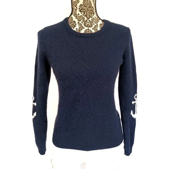 PULL OVER SWEATER ANCHORS On Long Sleeves Navy Blue Soft Plush Knit S - Picture 3 of 5